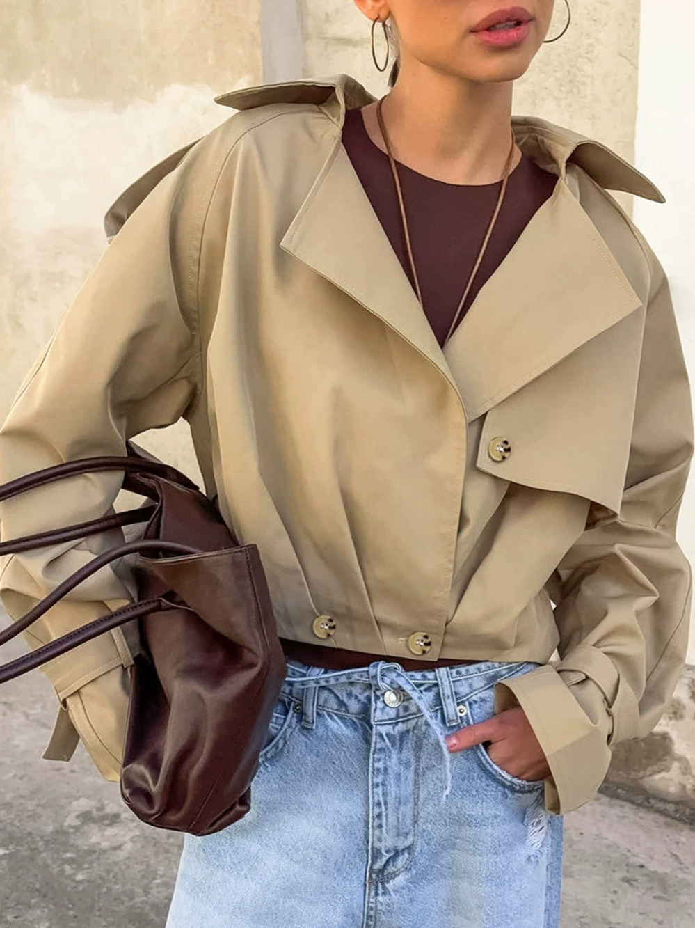 Zara Autumn Winter Short Suit Collar Khaki Trench Coat Casual Jacket
